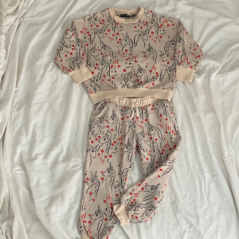 Mini Rodini Cream and Red unicorn sweat/lounge suit